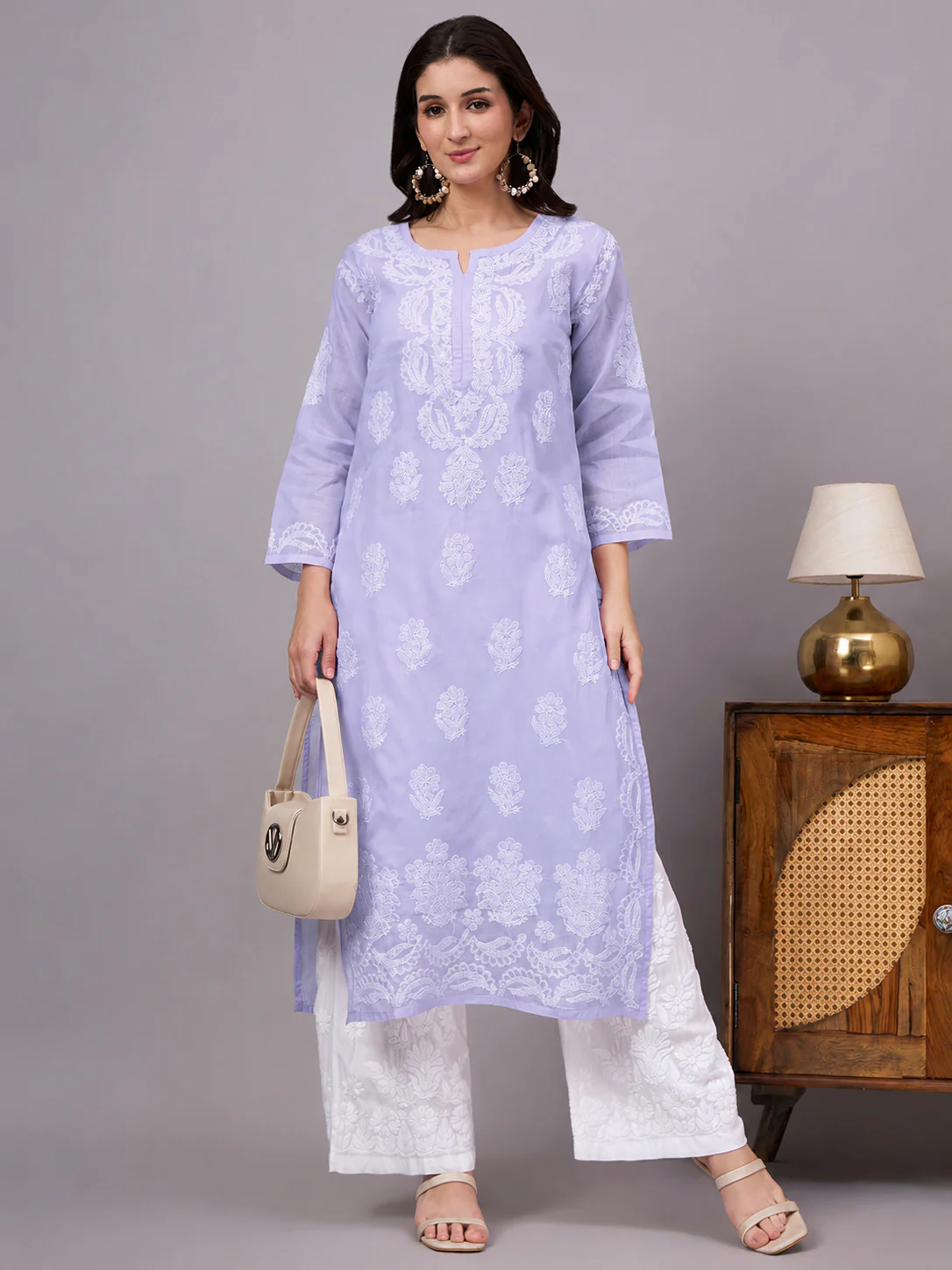 Aabira Cotton Chikankari Straight Kurti with inner - Lavender