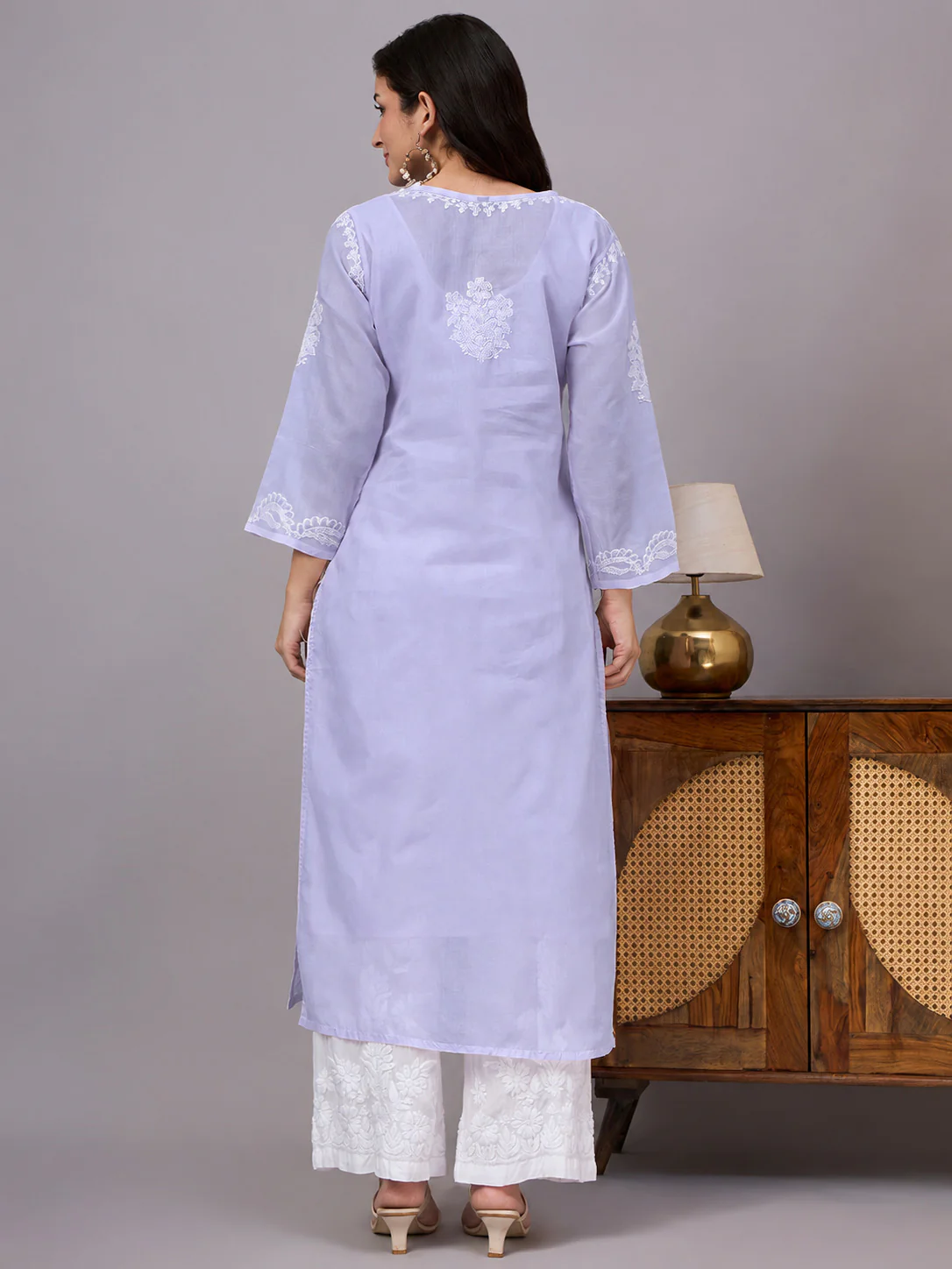 Aabira Cotton Chikankari Straight Kurti with inner - Lavender - Image 3