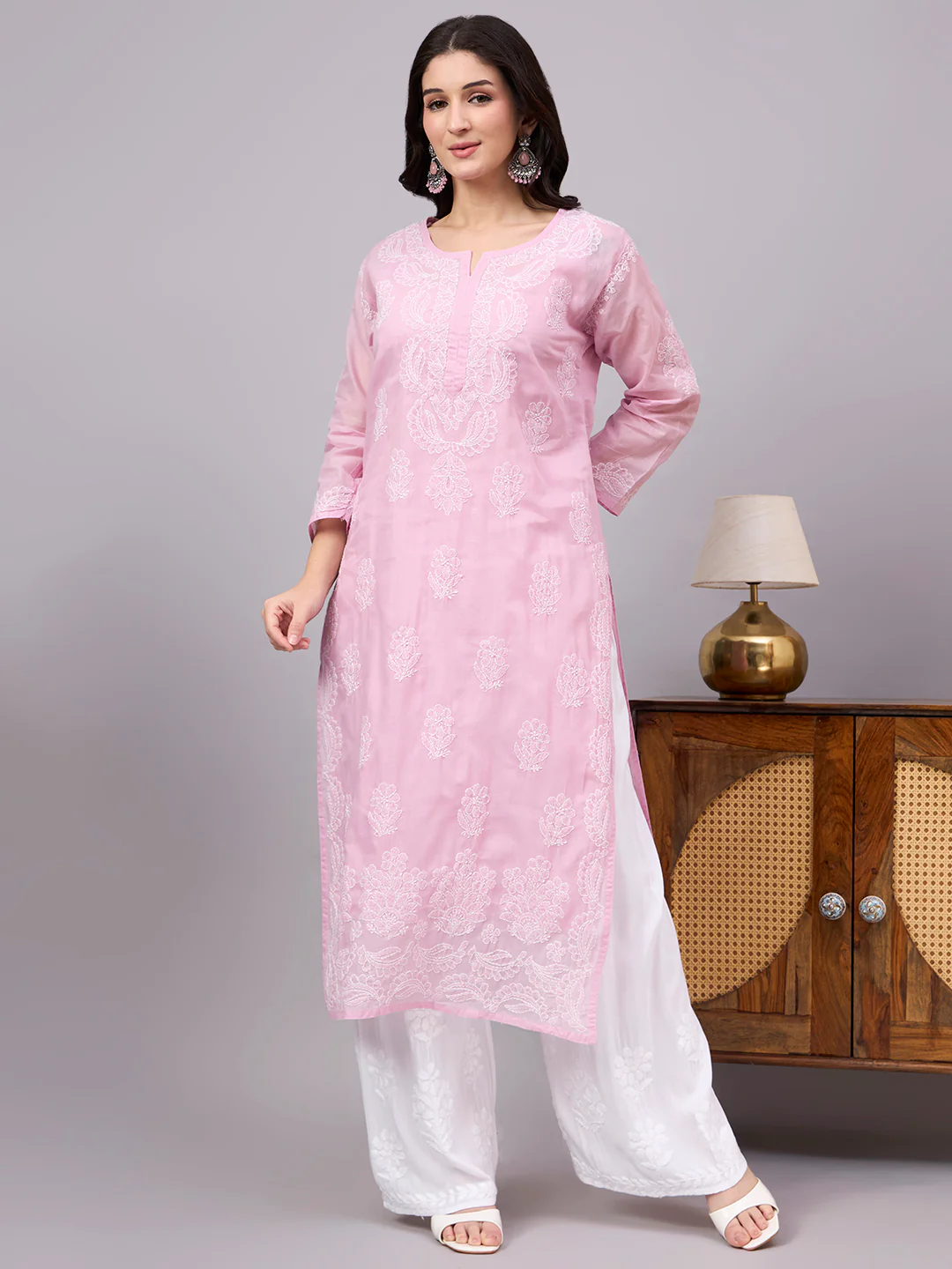 Aabira Cotton Chikankari Straight Kurti with inner - Mauve