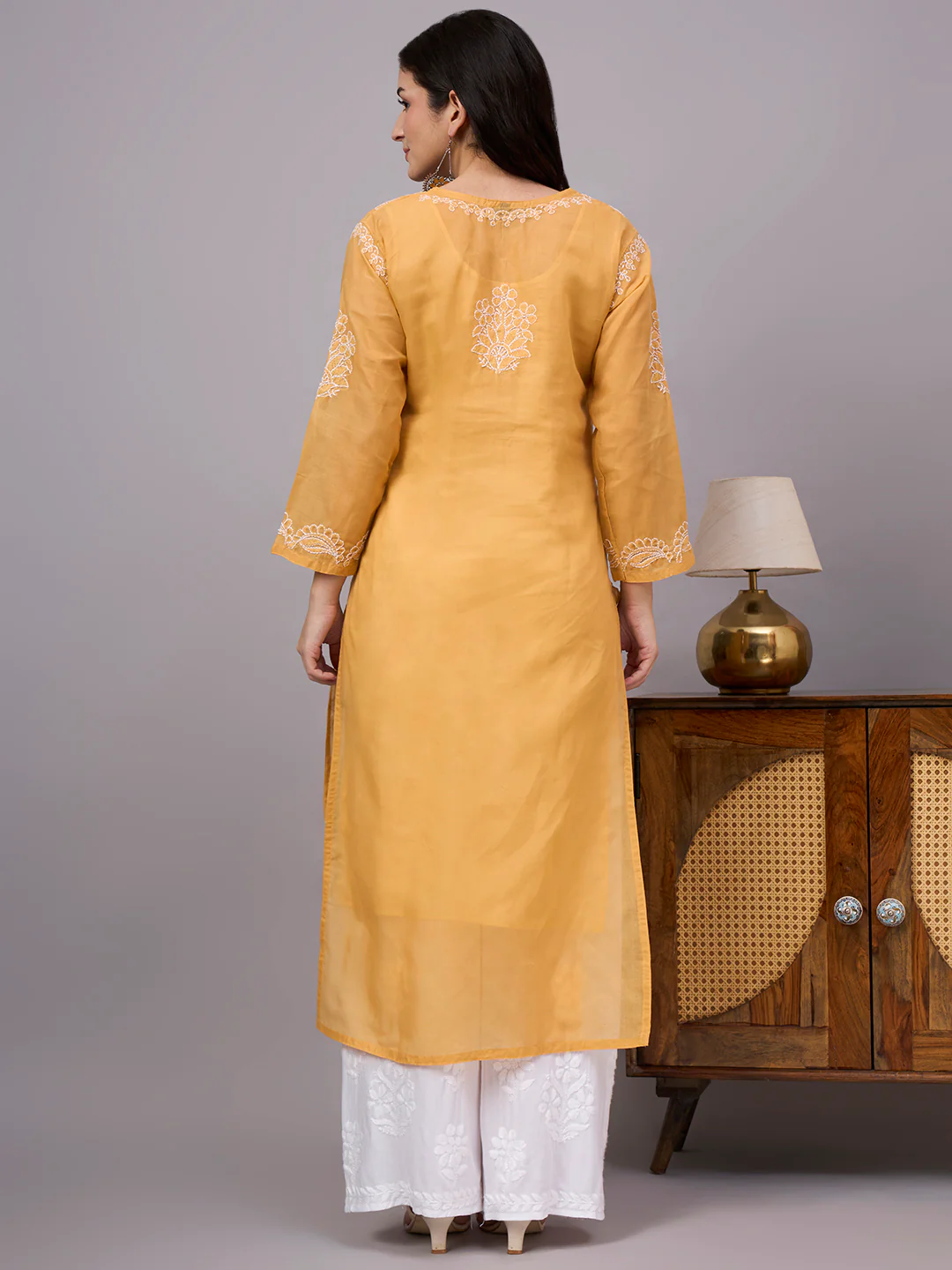 Aabira Cotton Chikankari Straight Kurti with inner - Mustard - Image 3