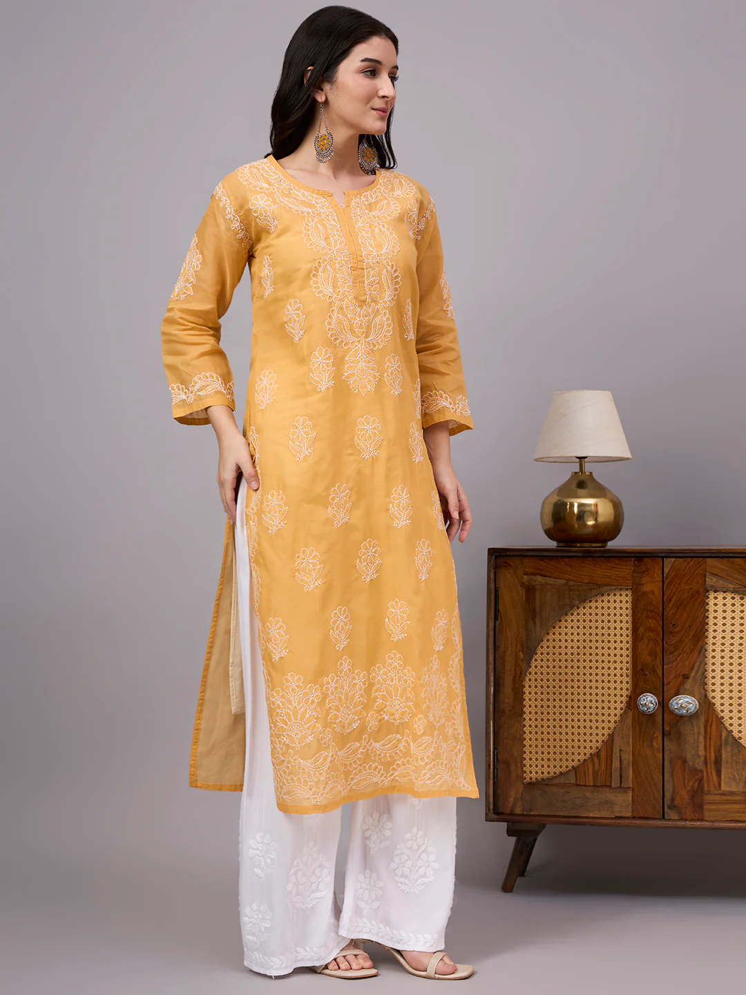Aabira Cotton Chikankari Straight Kurti with inner - Mustard - Image 5