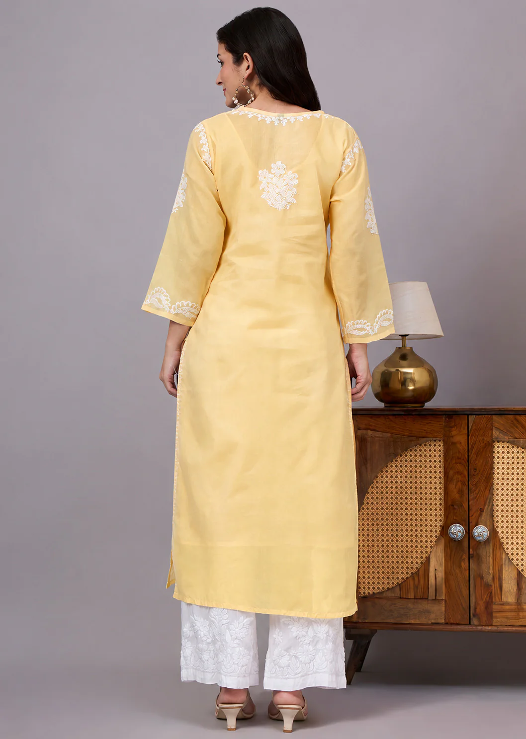Aabira Cotton Chikankari Straight Kurti with inner - Yellow - Image 3