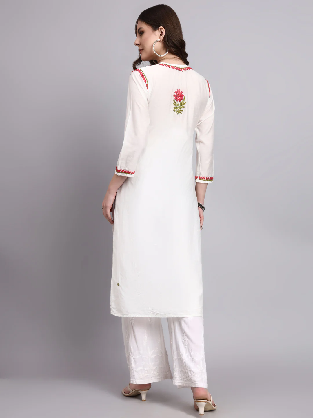 Aashvi Chanderi Chikankari Straight Kurti - Red - Image 3