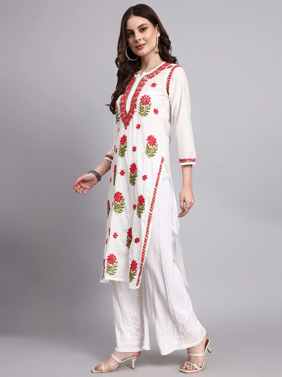 Aashvi Chanderi Chikankari Straight Kurti - Red - Image 4
