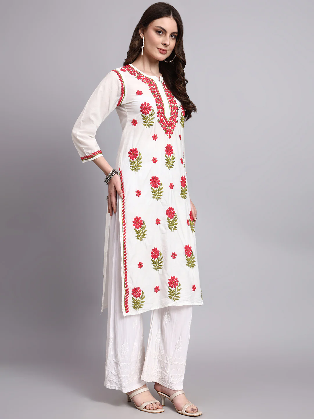 Aashvi Chanderi Chikankari Straight Kurti - Red - Image 5