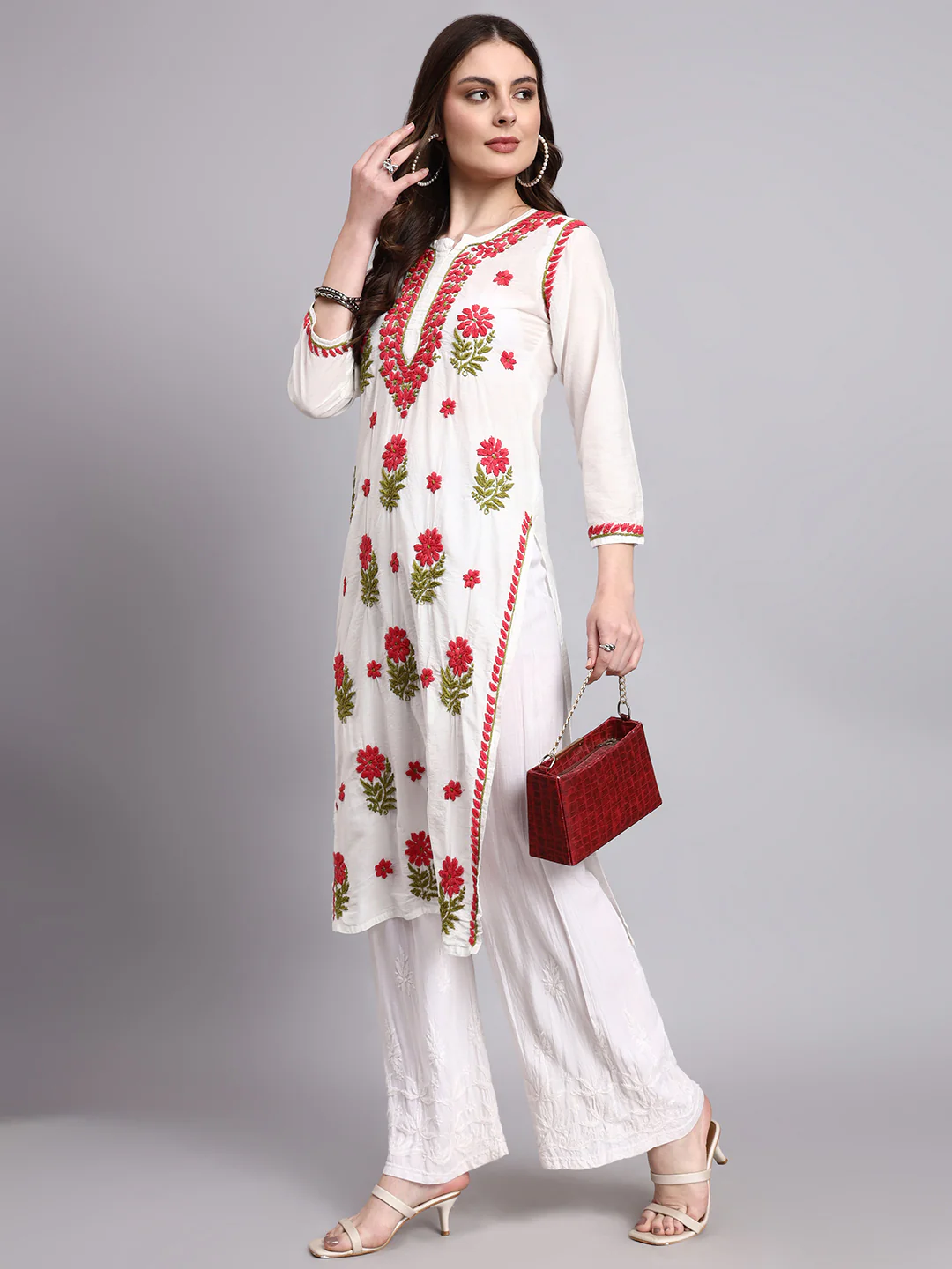 Aashvi Chanderi Chikankari Straight Kurti - Red - Image 6