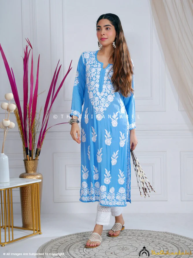 Aidah Modal Chikankari Straight Kurti - Powder Blue - Image 5