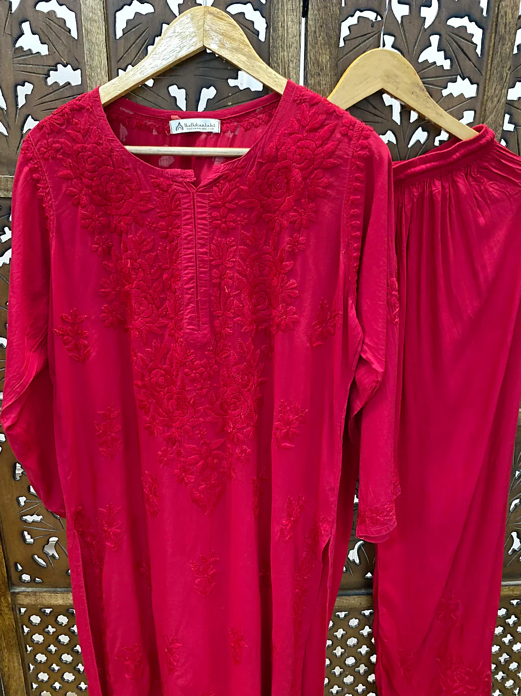 Amaaya Modal Chikankari Kurta Palazzo Set - Red - Image 3