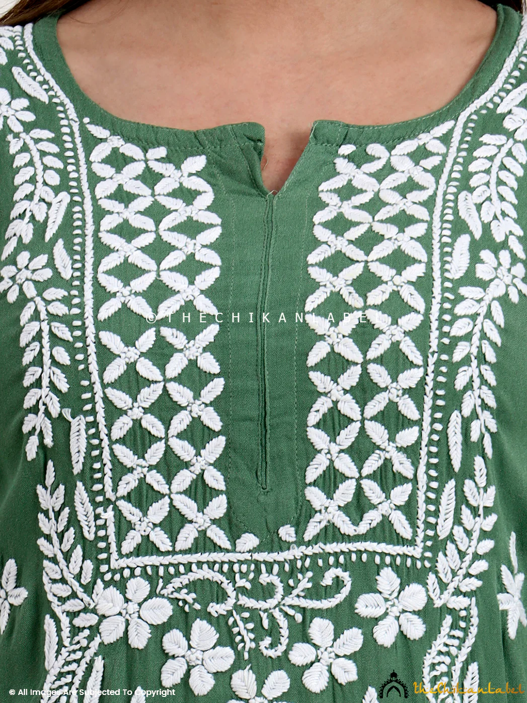 Anra Rayon Chikankari Straight Kurti - Green - Image 2
