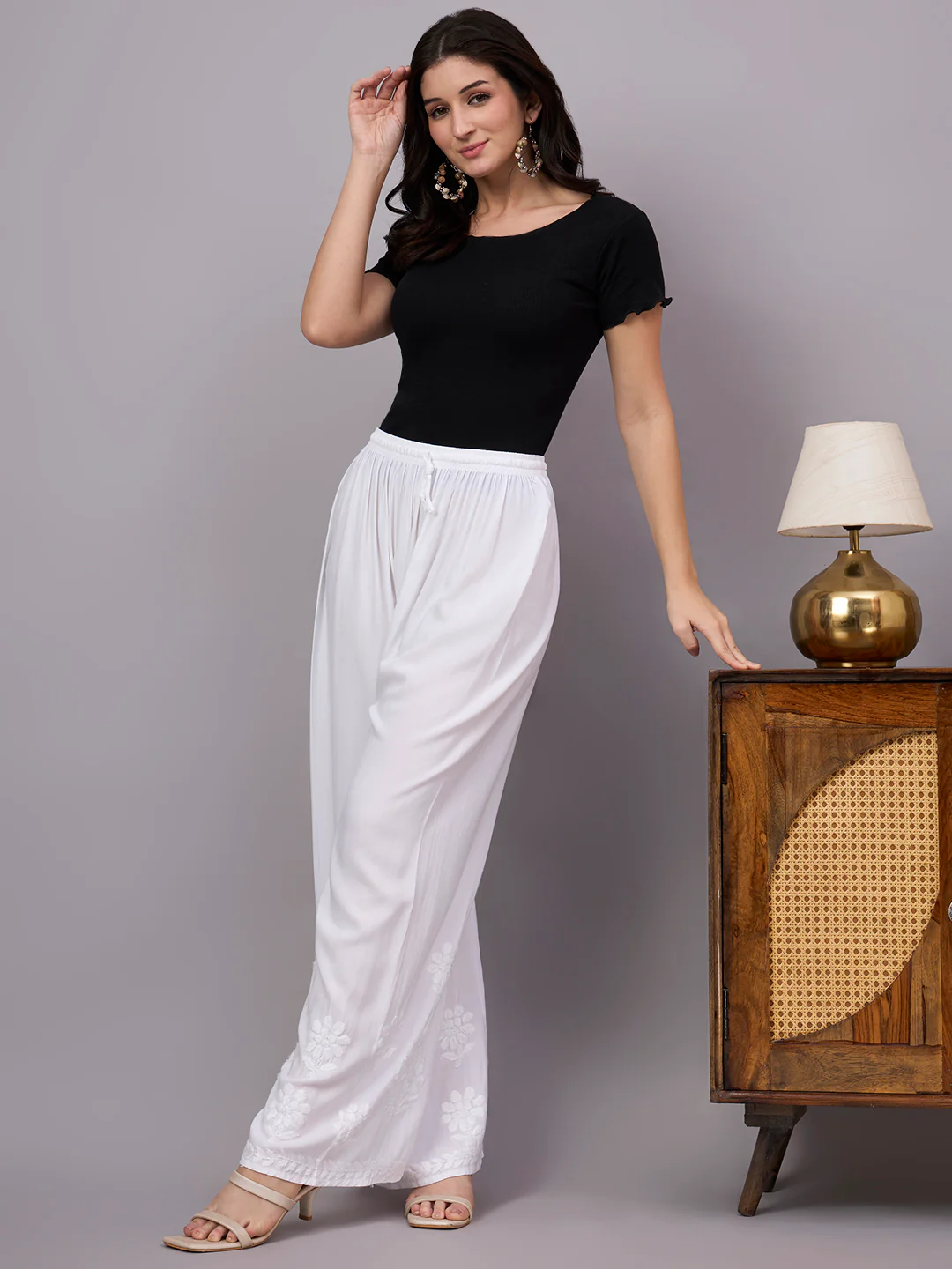 Ayzel Rayon Chikankari Straight Palazzo - White - Image 3