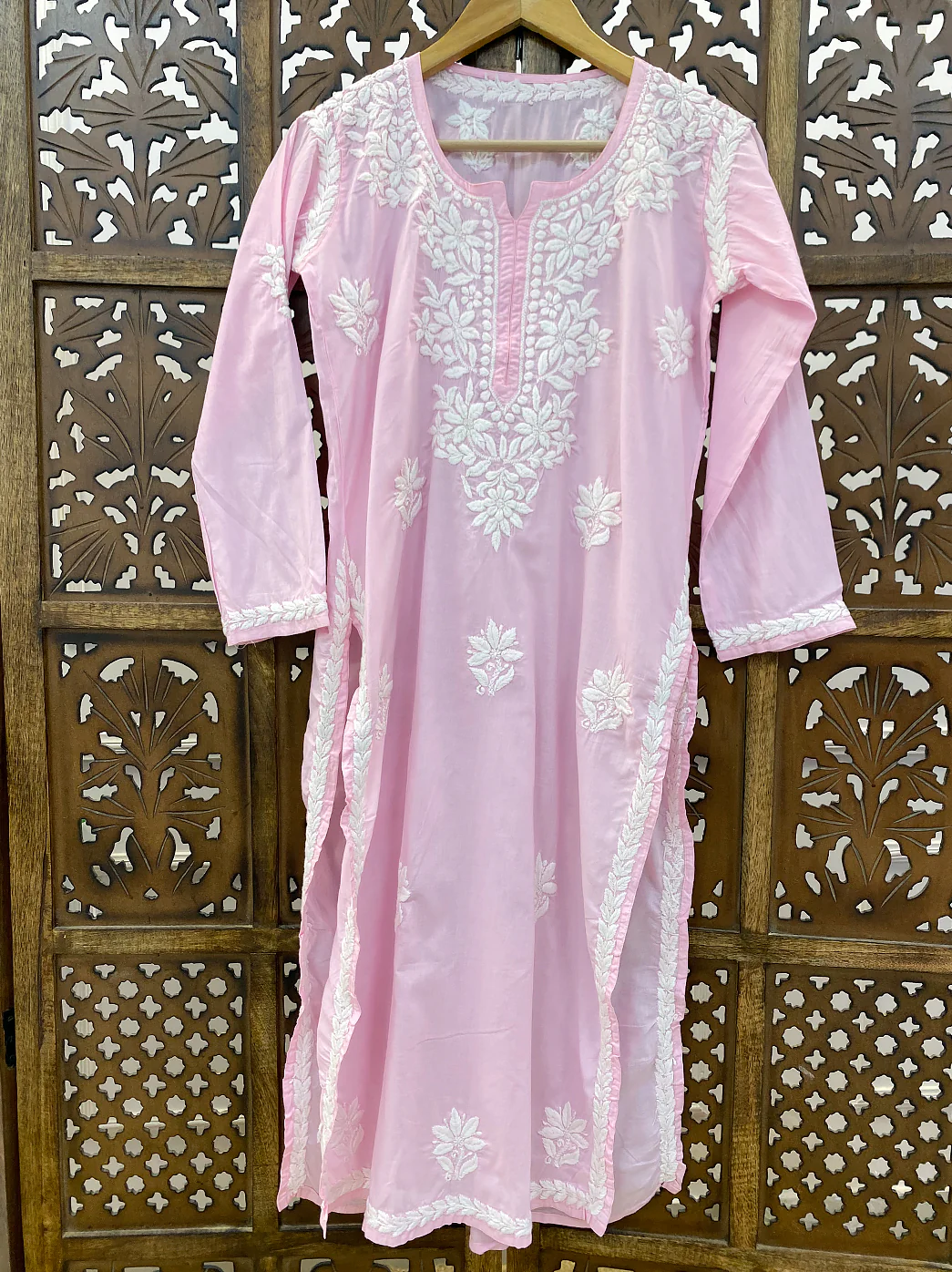 Baby Pink Cotton Chikankari Straight Kurti - Image 2