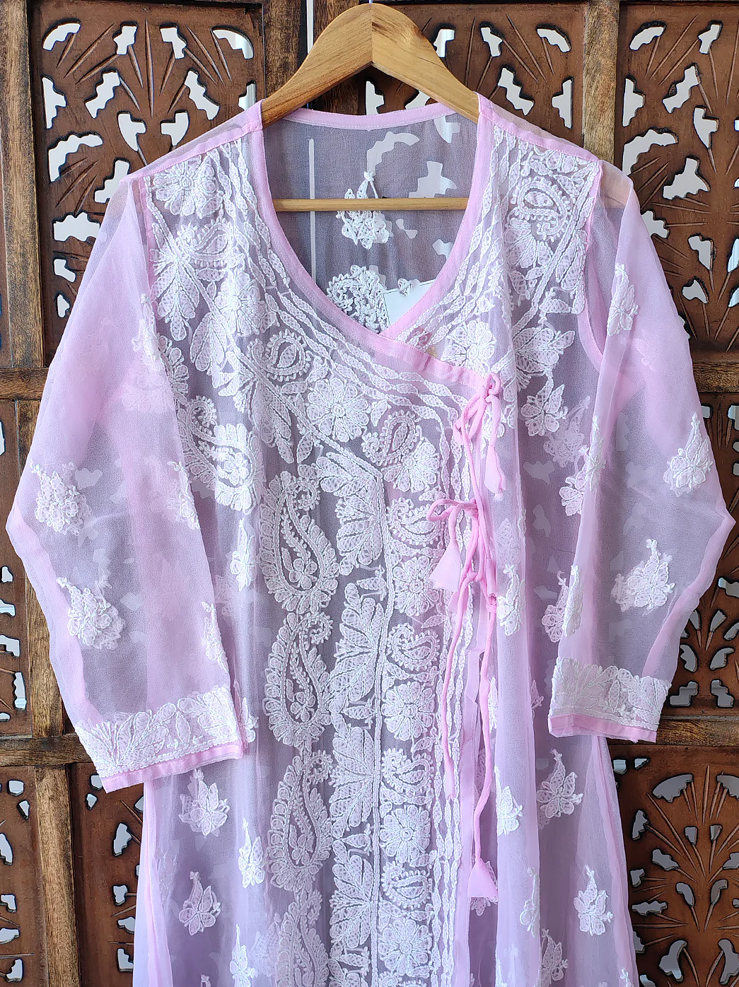 Baby Pink Georgette Chikankari Angrakha Kurti - Image 3