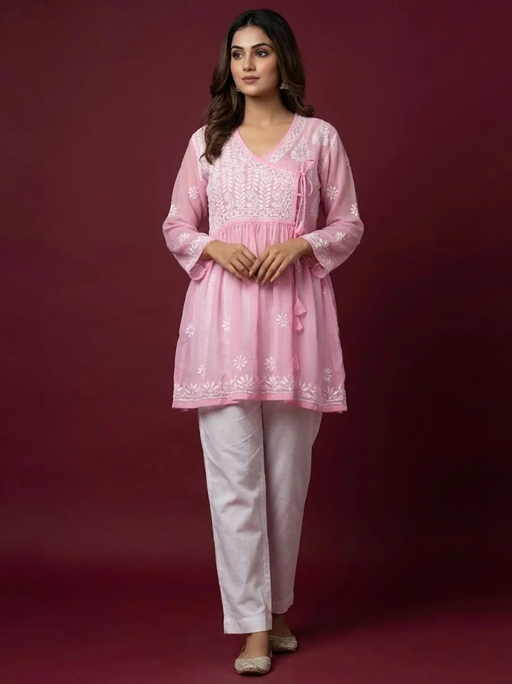 Baby Pink Georgette Chikankari Short Angarkha