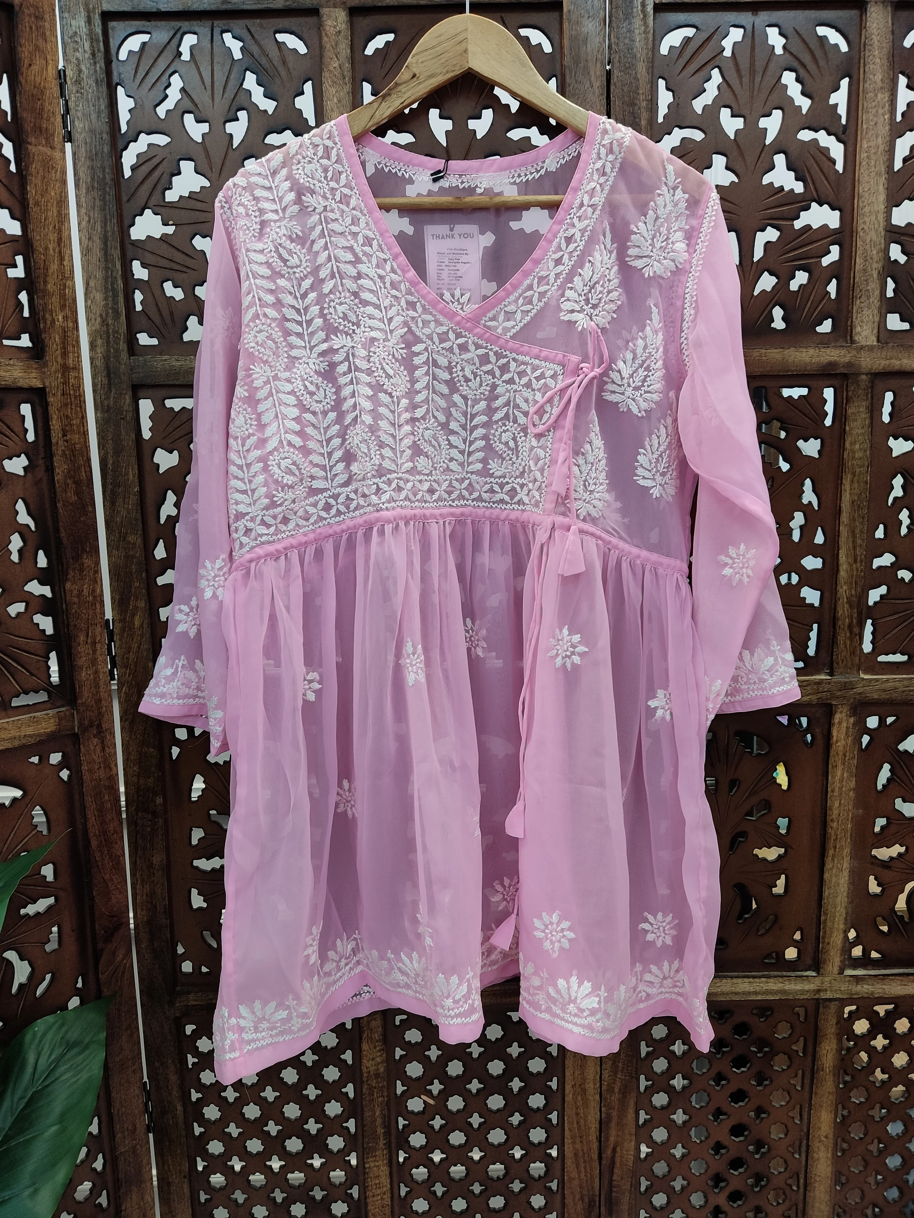 Baby Pink Georgette Chikankari Short Angarkha - Image 2