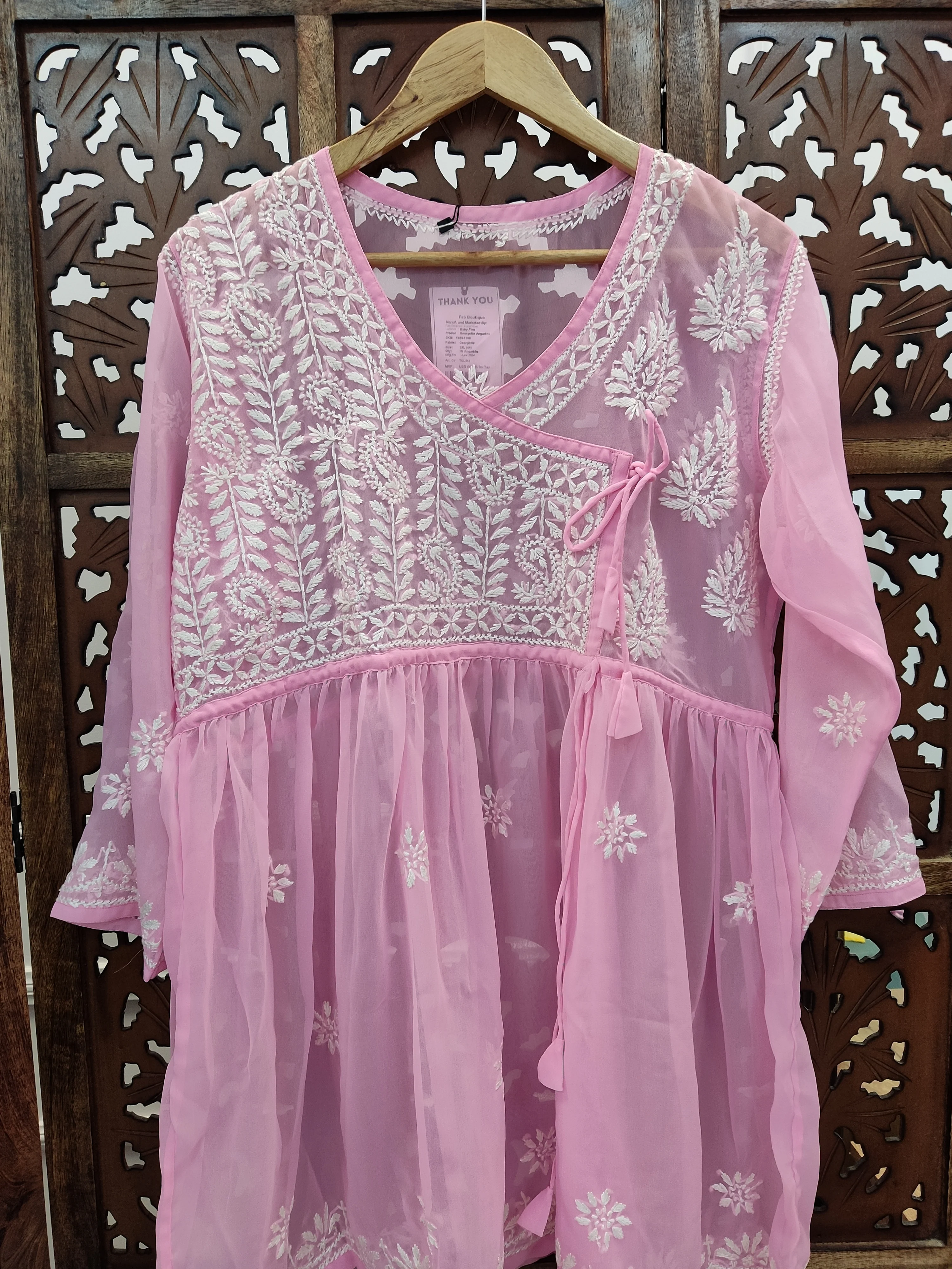 Baby Pink Georgette Chikankari Short Angarkha - Image 3