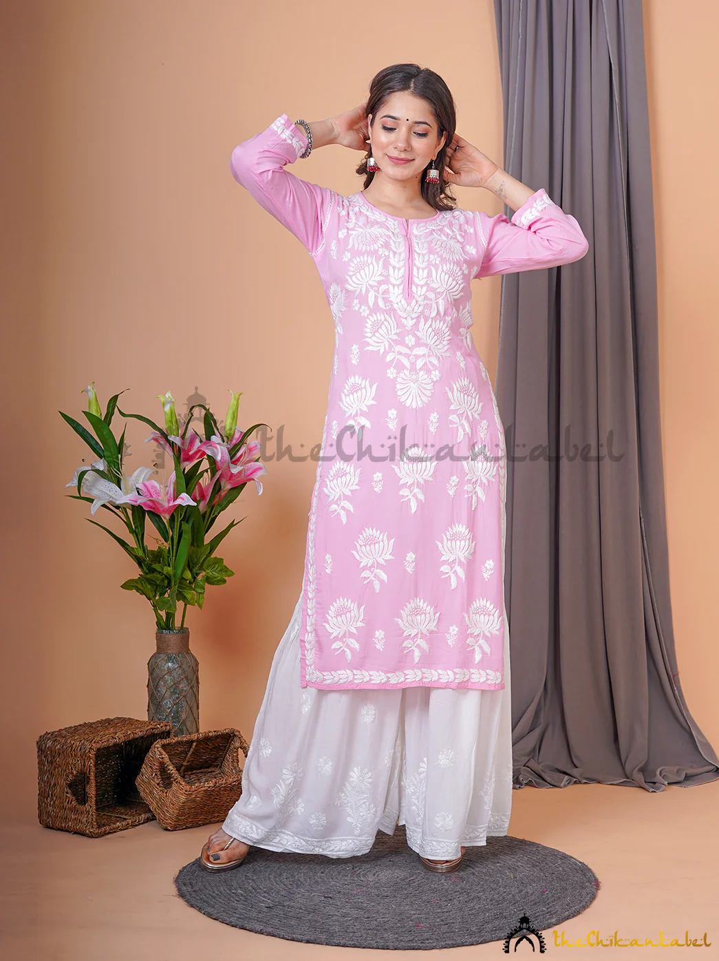 Baby Pink Modal Chikankari Straight Kurti - Image 4
