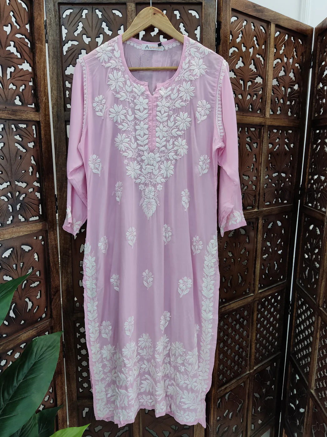 Baby Pink Modal Chikankari Straight Kurti - Image 2