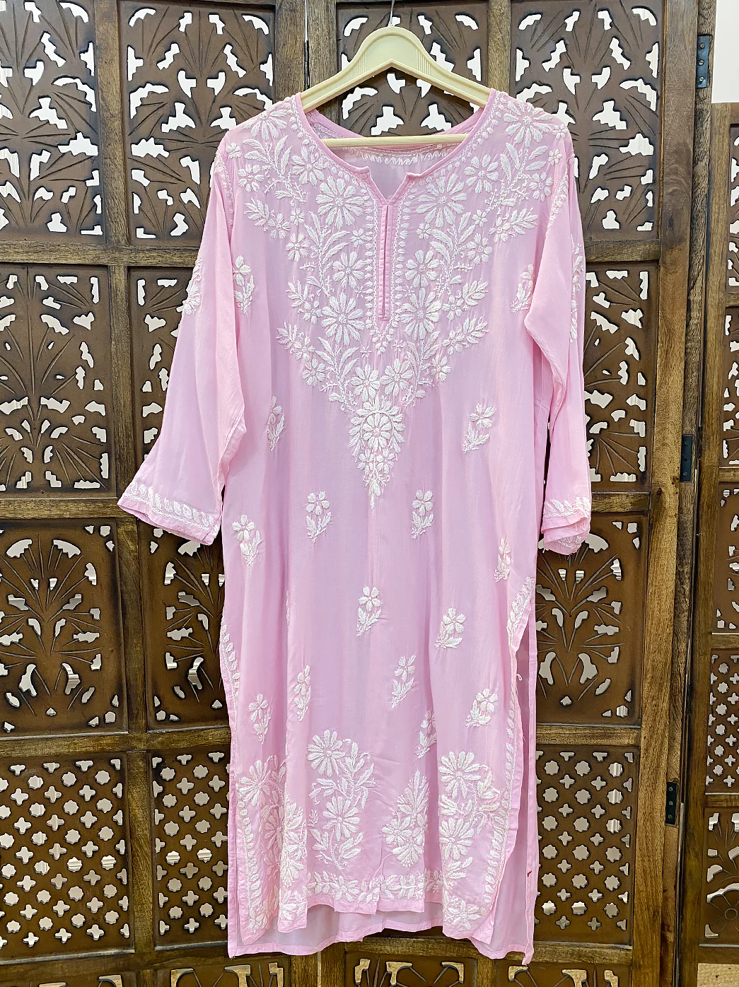 Baby Pink Modal Chikankari Straight Kurti - Image 2