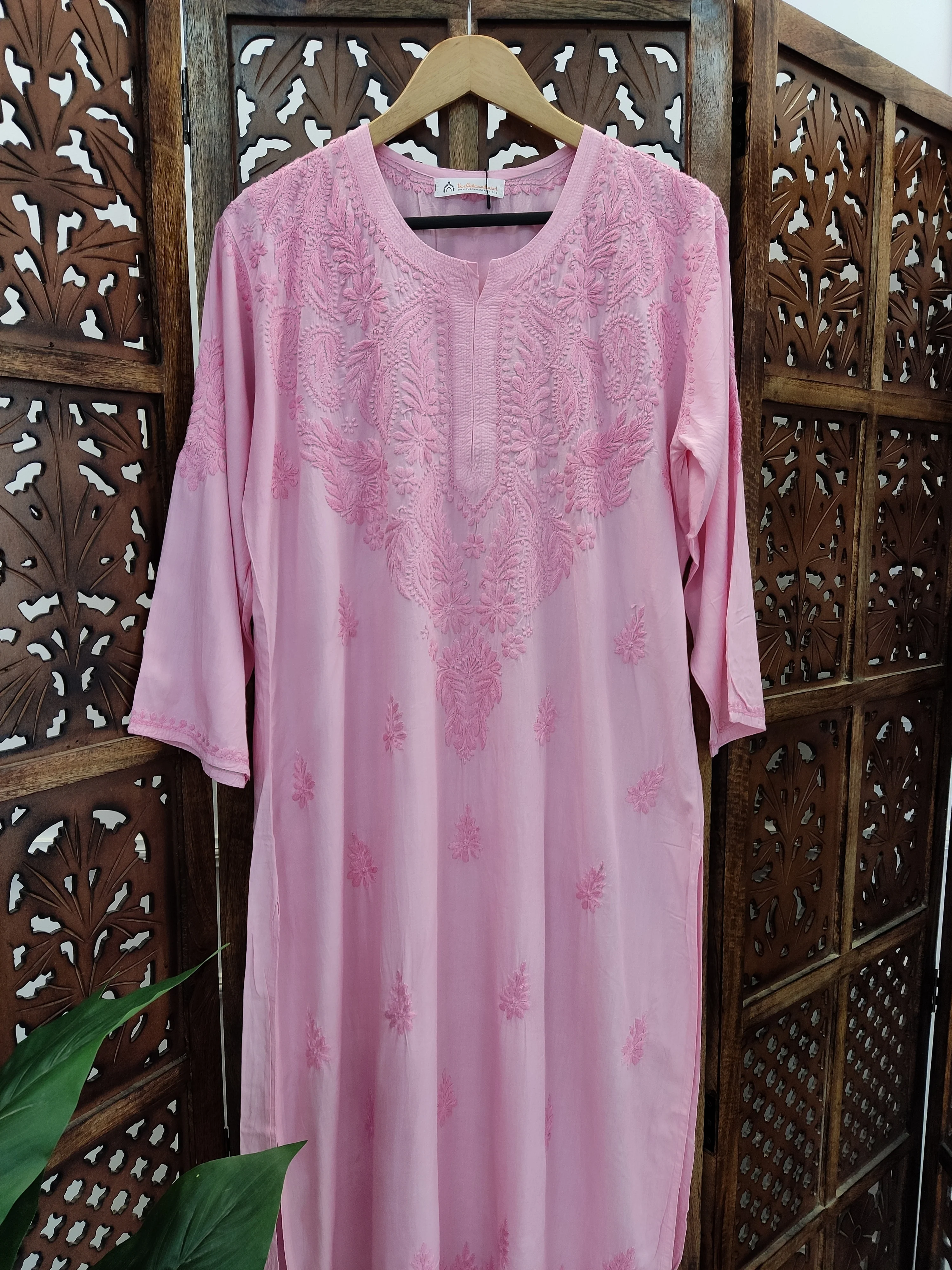 Baby Pink Modal Chikankari Straight Kurti - Image 3