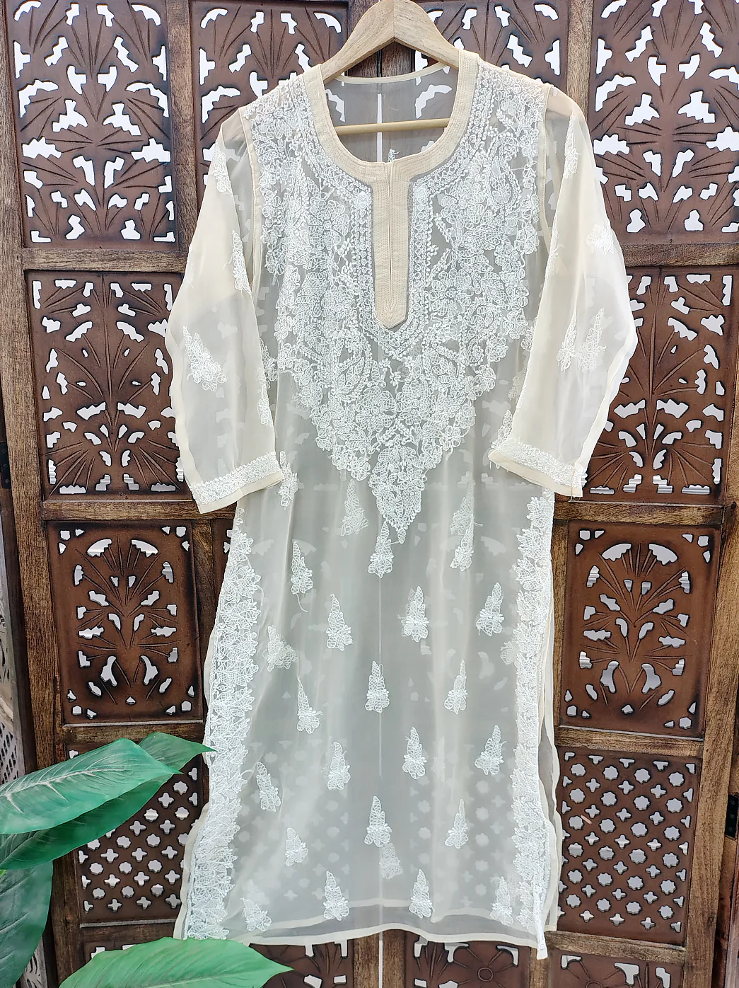 Beige Georgette Chikankari Straight Kurti - Image 2