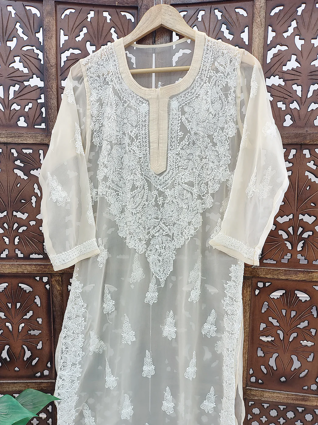 Beige Georgette Chikankari Straight Kurti - Image 3