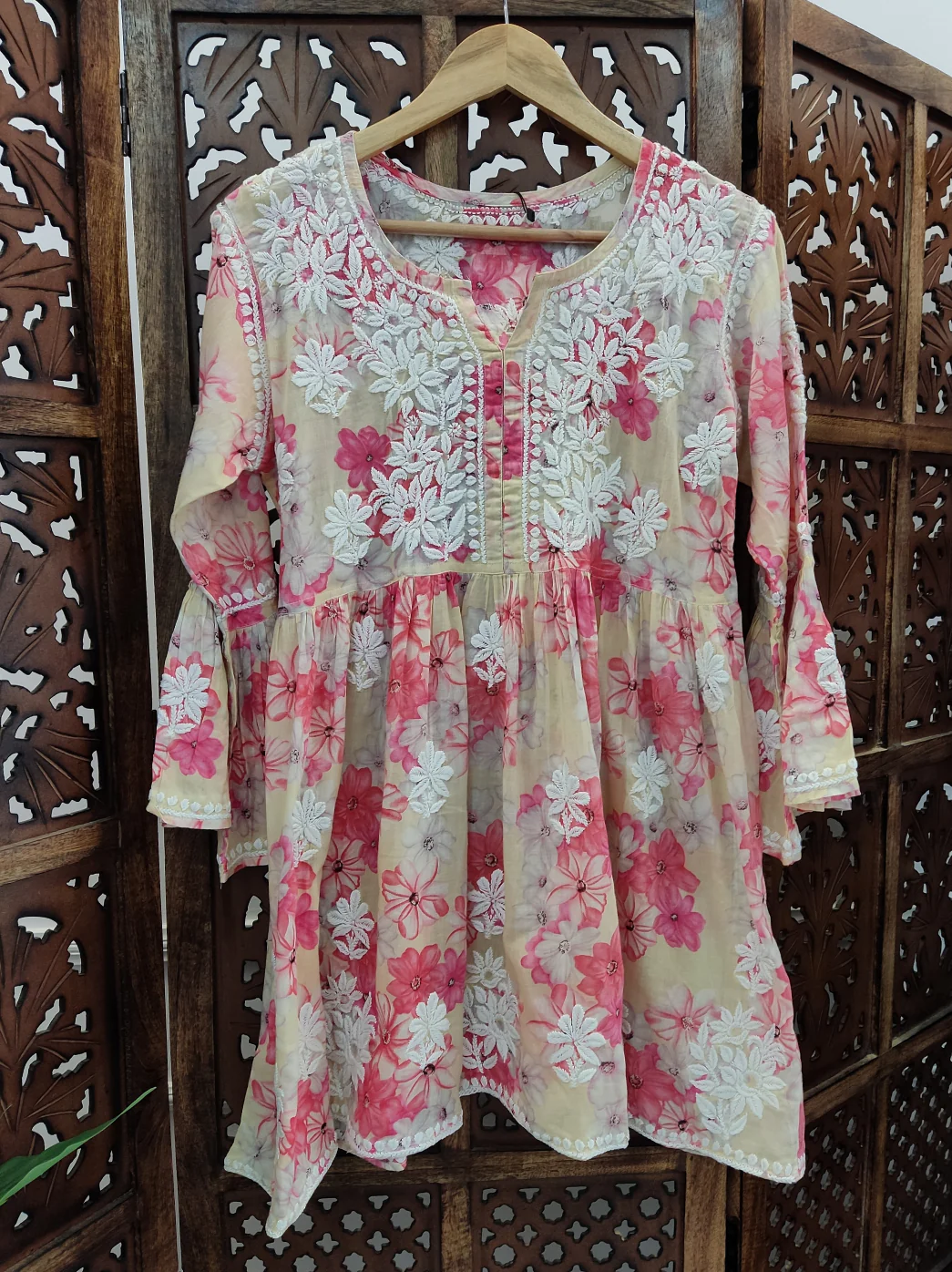 Beige Mulmul Printed Chikankari Short Top - Image 2