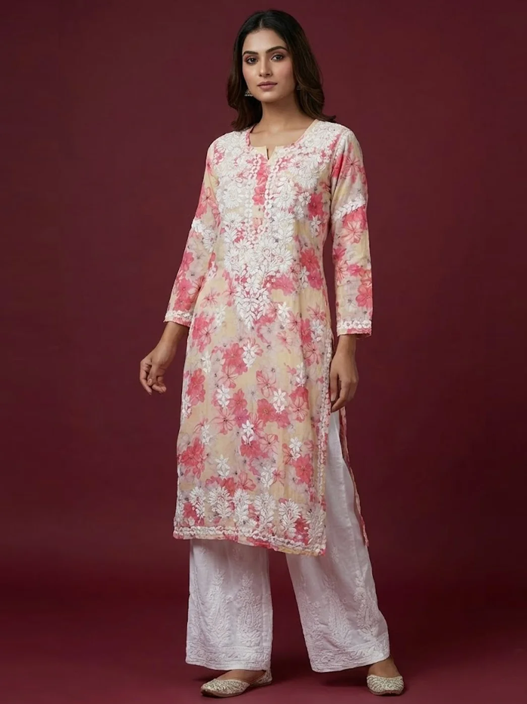 Beige Mulmul Printed Chikankari Straight Kurti