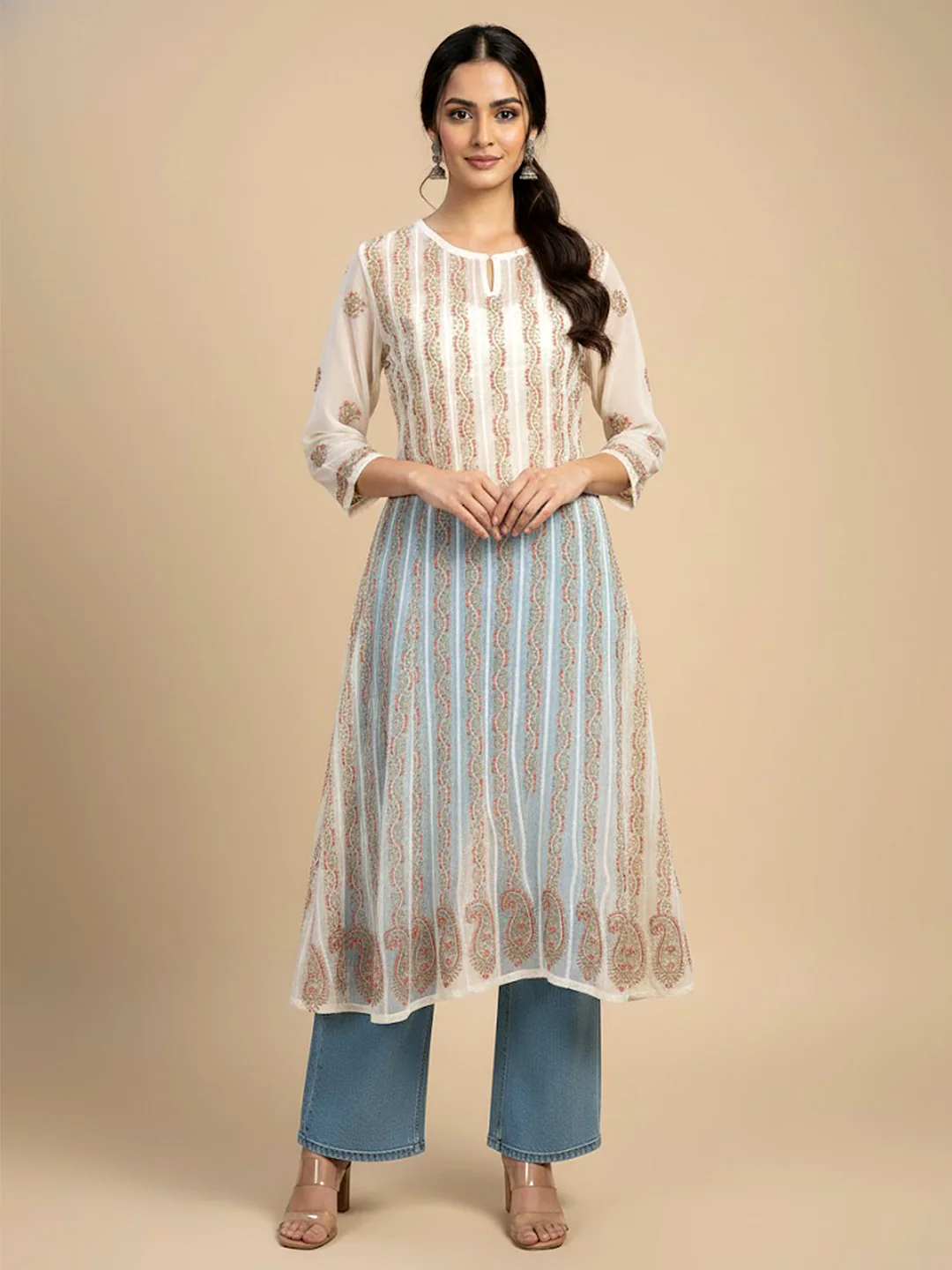 Beige Multi Georgette Chikankari Anarkali Kurti