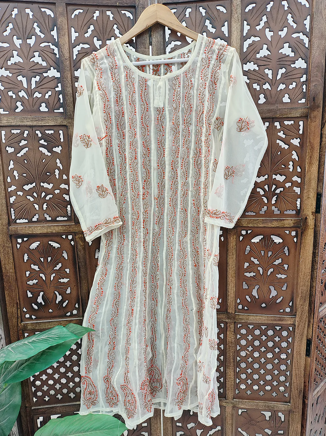 Beige Multi Georgette Chikankari Anarkali Kurti - Image 2