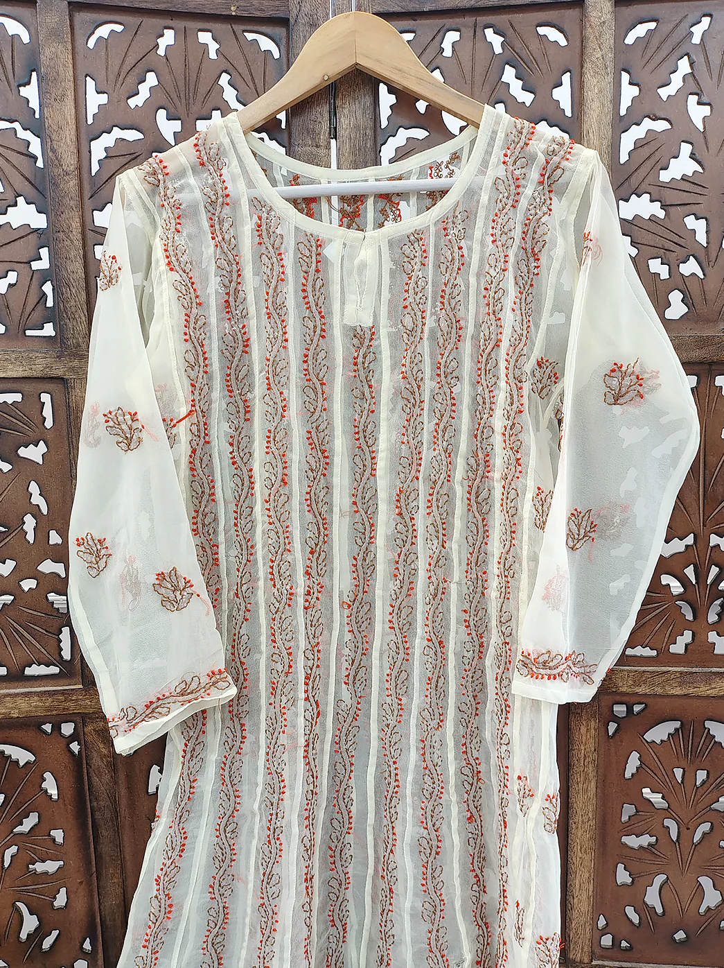 Beige Multi Georgette Chikankari Anarkali Kurti - Image 3