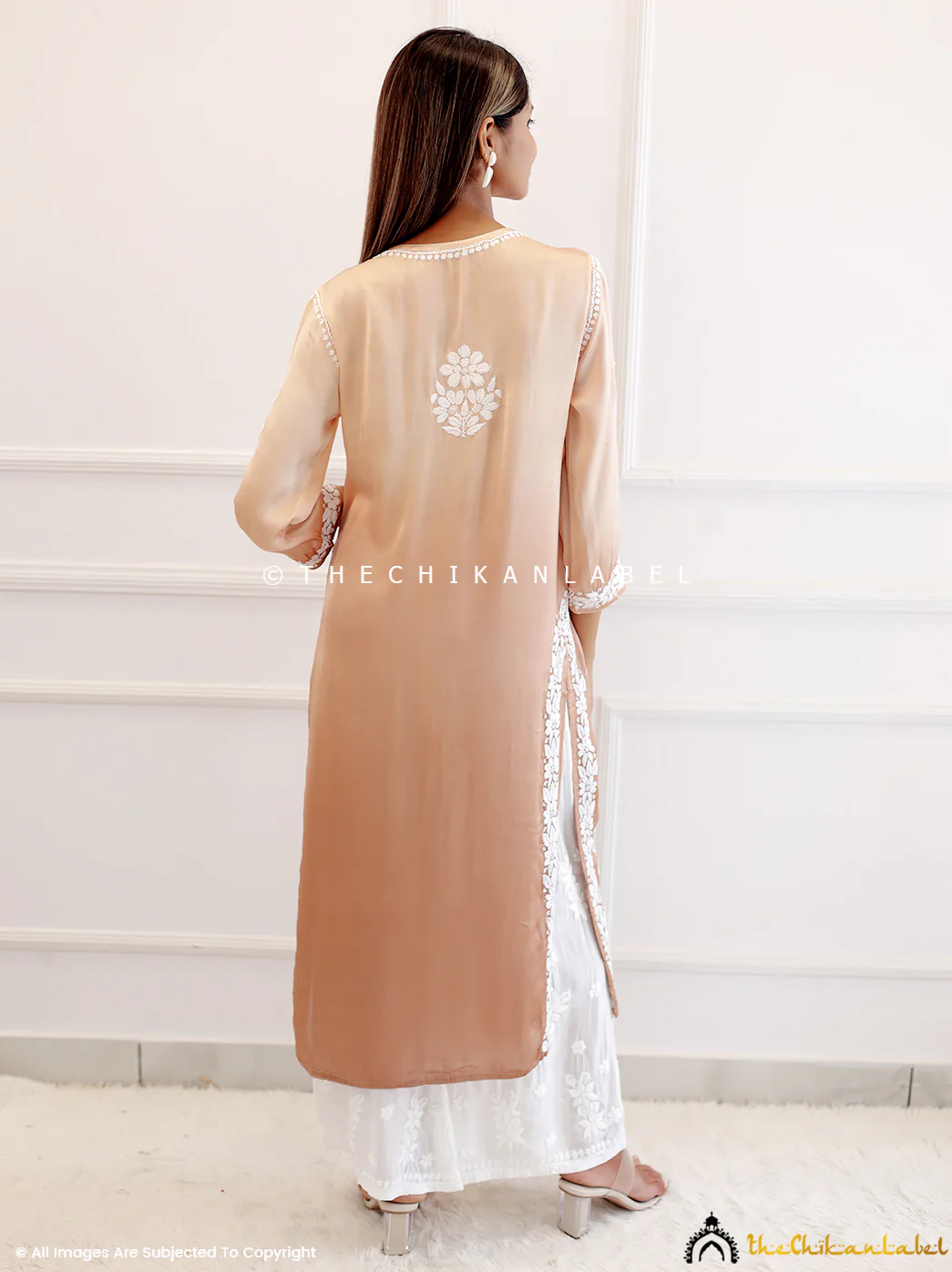 Beige Ombre Satin Modal Chikankari Straight Kurti - Image 3