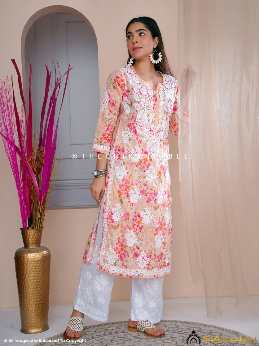 Sabiha Mulmul Chikankari Straight Kurti - Beige - Image 4