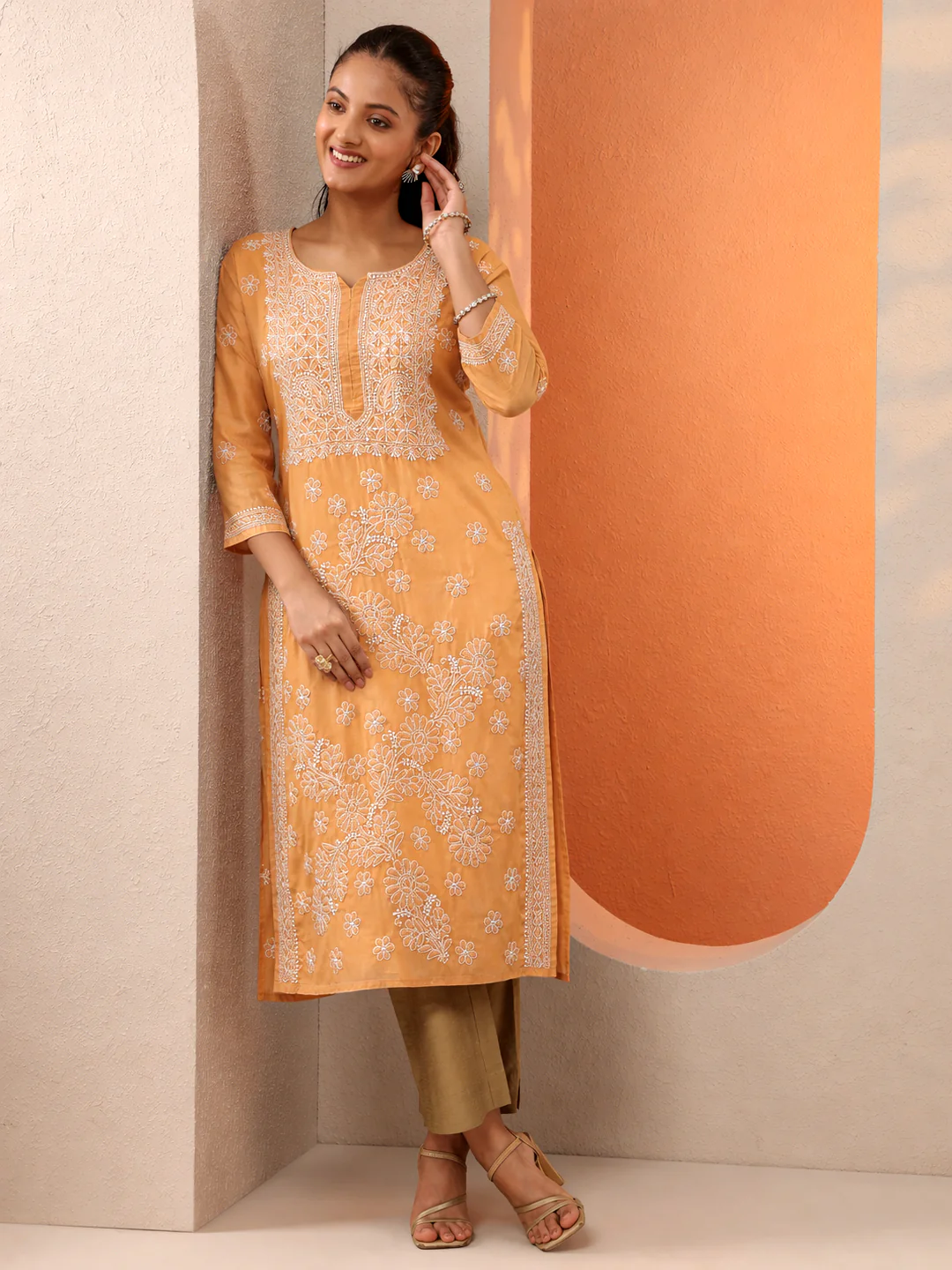Beige Vira Cotton Chikankari Straight Kurti with inner