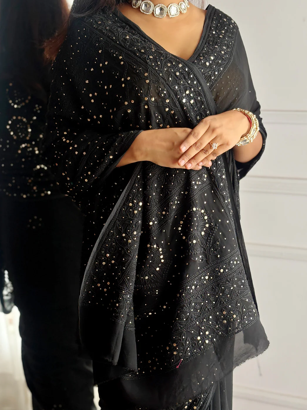 Black Begum Viscose Chikankari Saree - Image 8