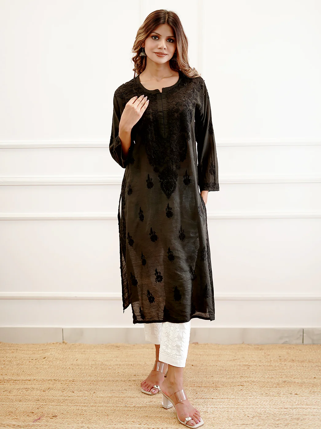 Black Chanderi Chikankari Straight Kurti
