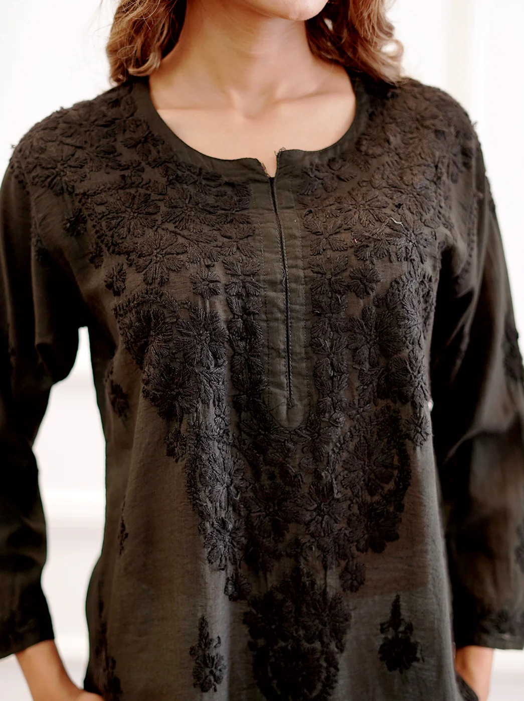 Black Chanderi Chikankari Straight Kurti - Image 2