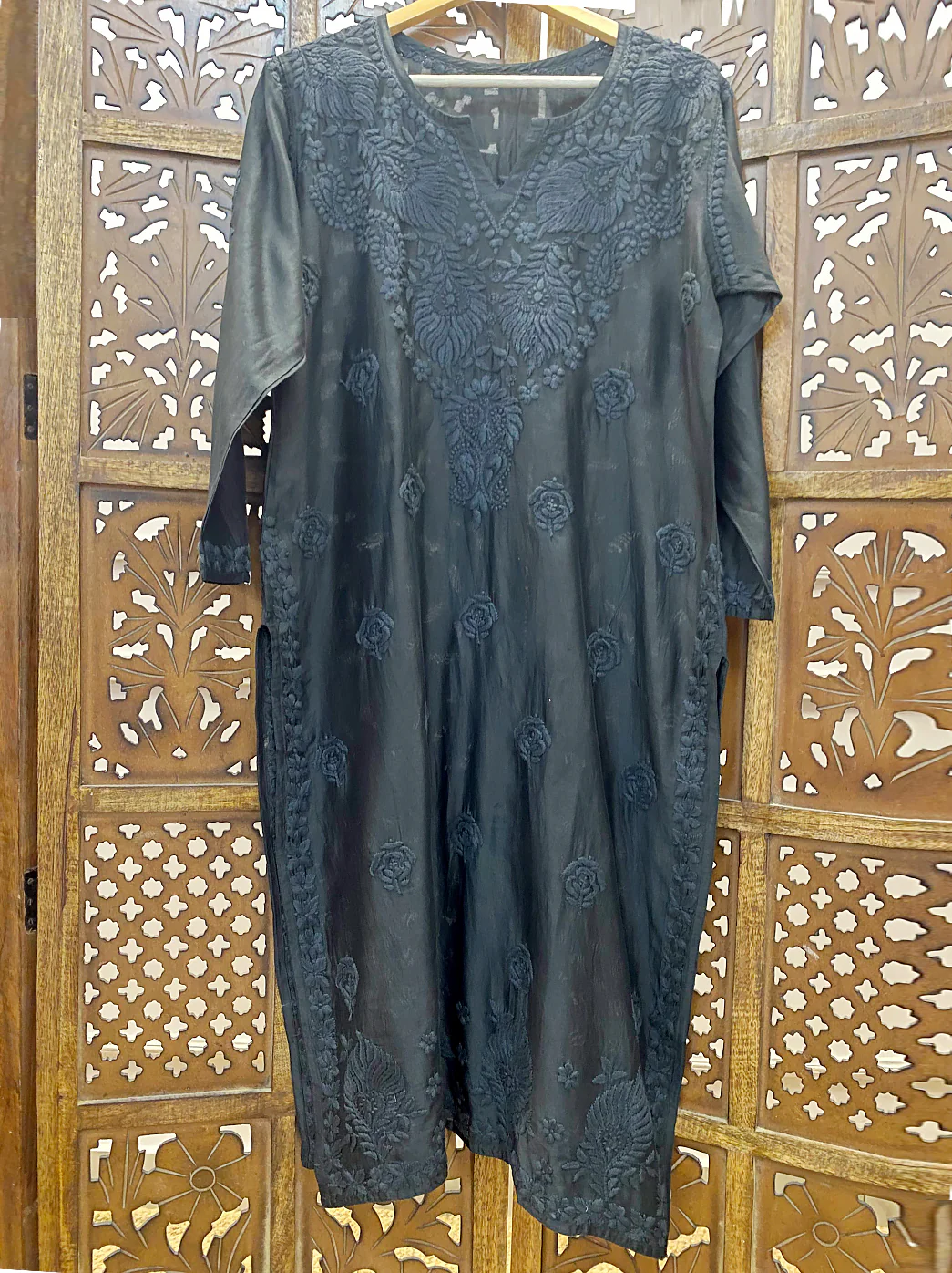 Black Chanderi Chikankari Straight Kurti - Image 3