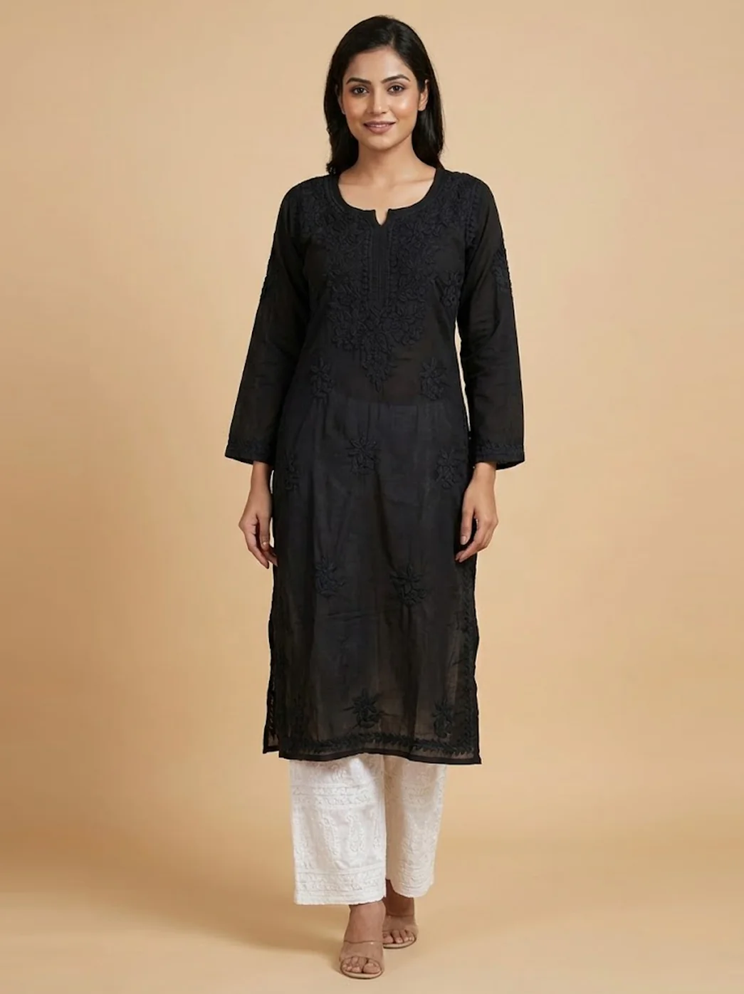 Black Cotton Chikankari Straight Kurti