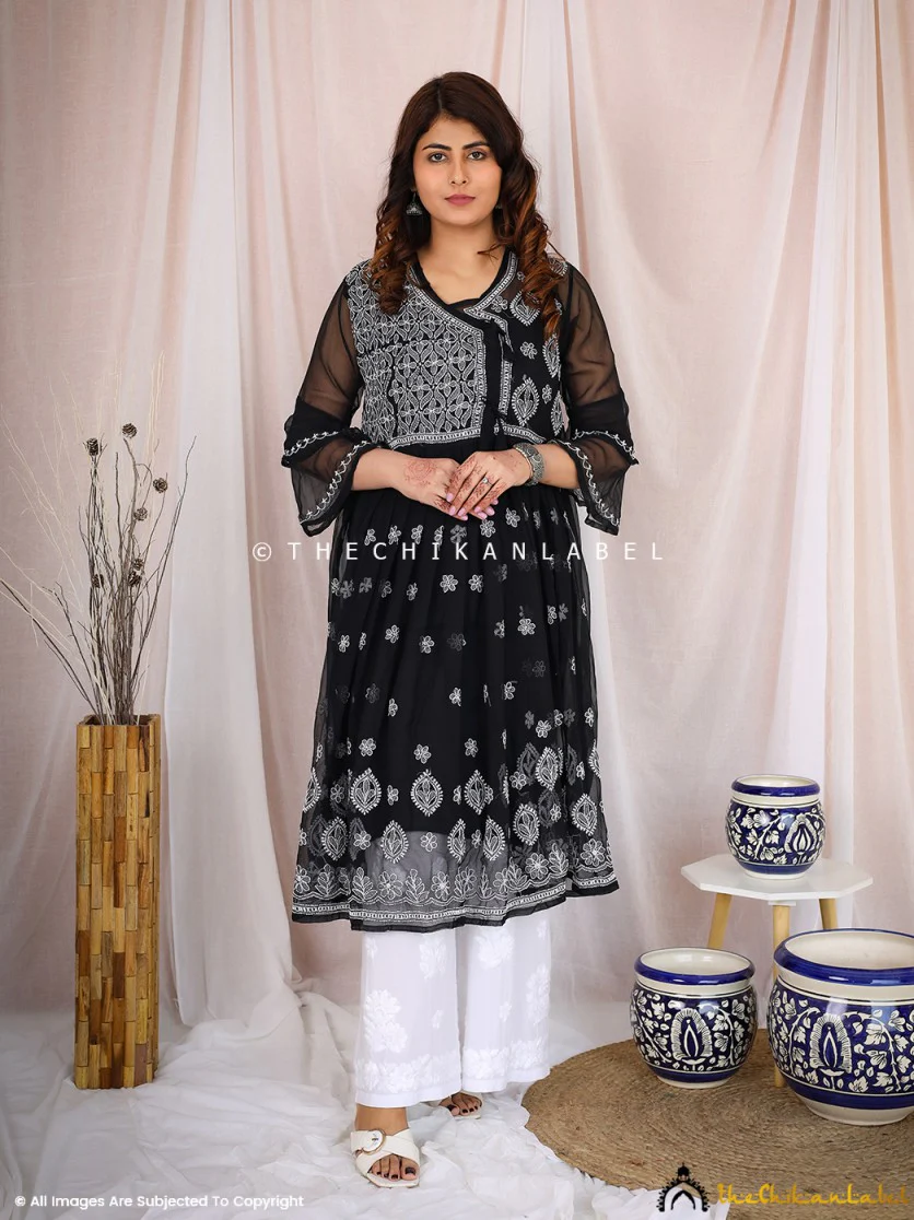 Black Georgette Chikankari A-Line Kurta