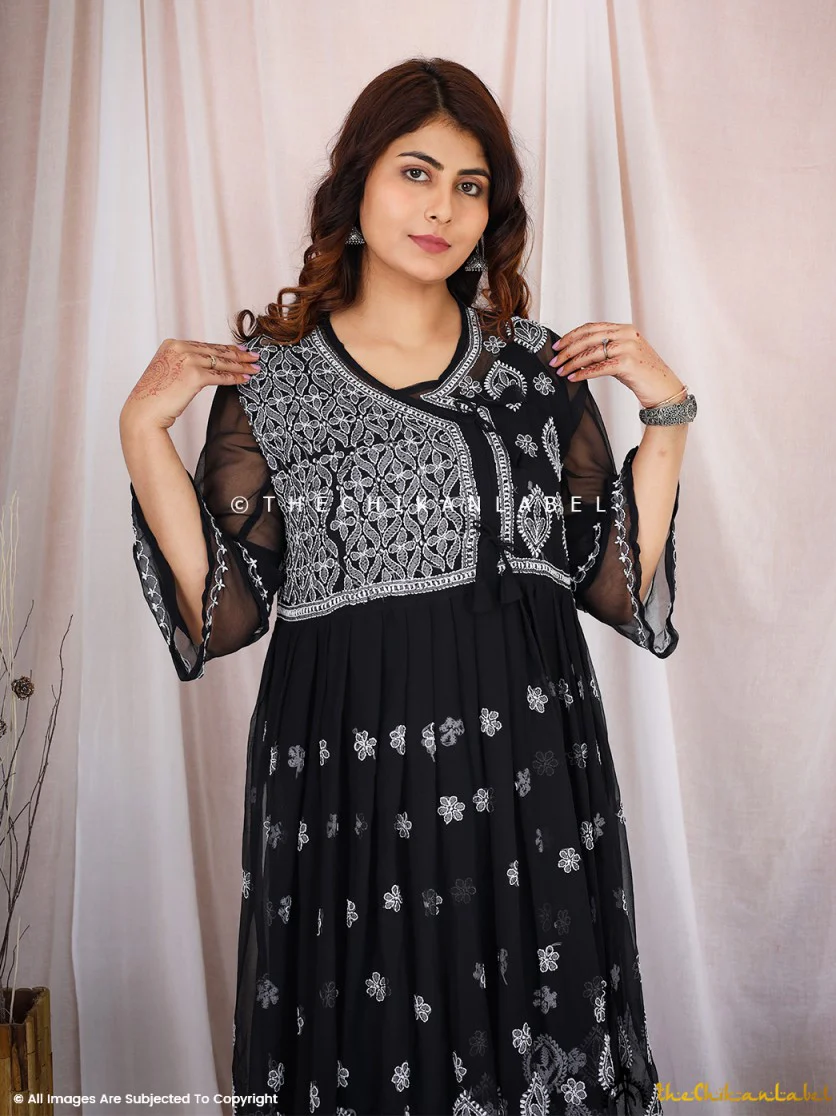 Black Georgette Chikankari A-Line Kurta - Image 2