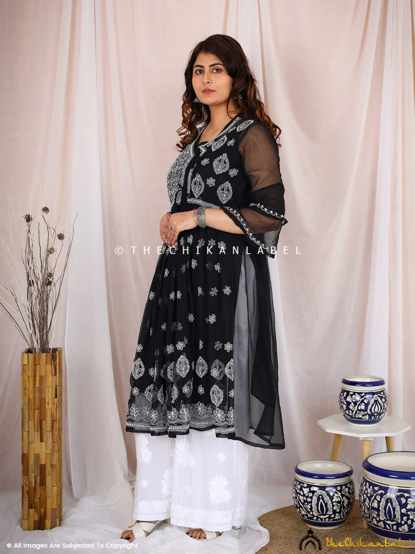 Black Georgette Chikankari A-Line Kurta - Image 3