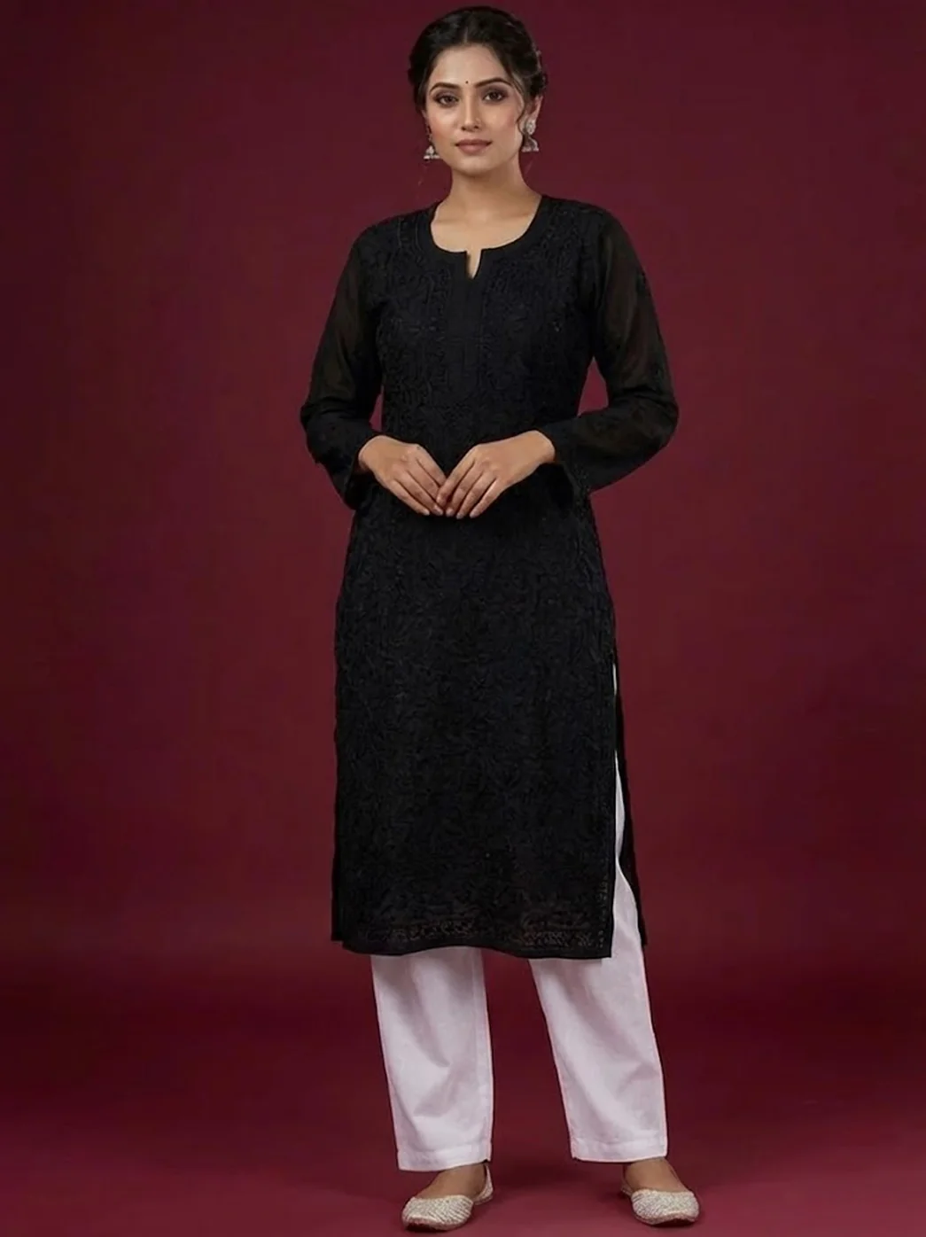 Black Georgette Chikankari Straight Kurti