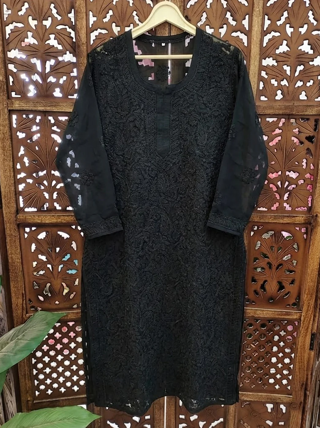 Black Georgette Chikankari Straight Kurti - Image 2
