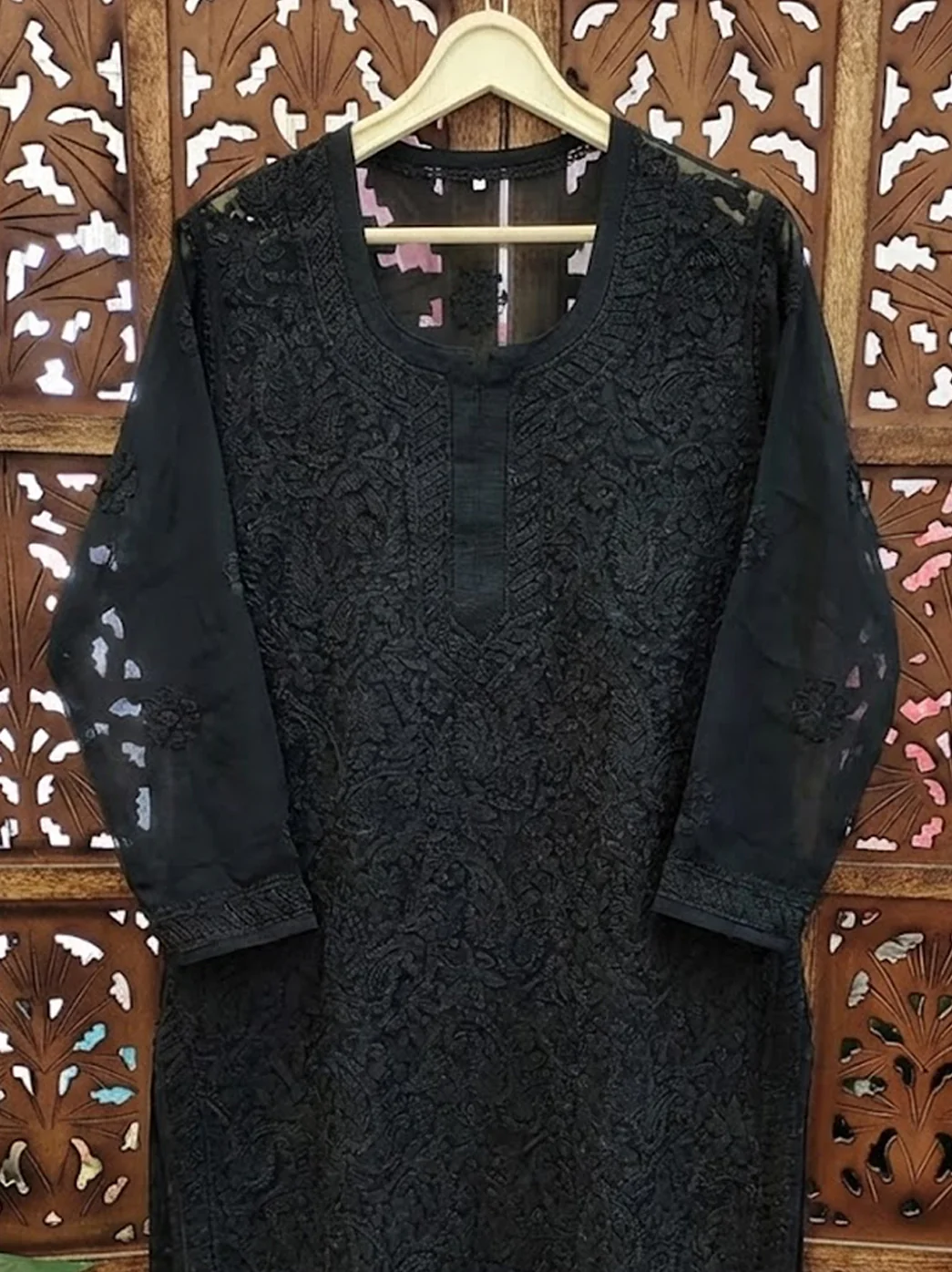 Black Georgette Chikankari Straight Kurti - Image 3