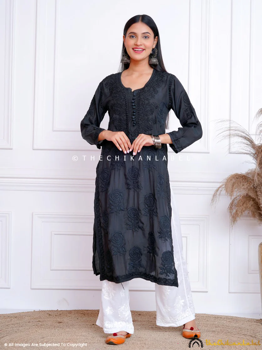 Black Gulaab Muslin Chikankari Straight Kurti