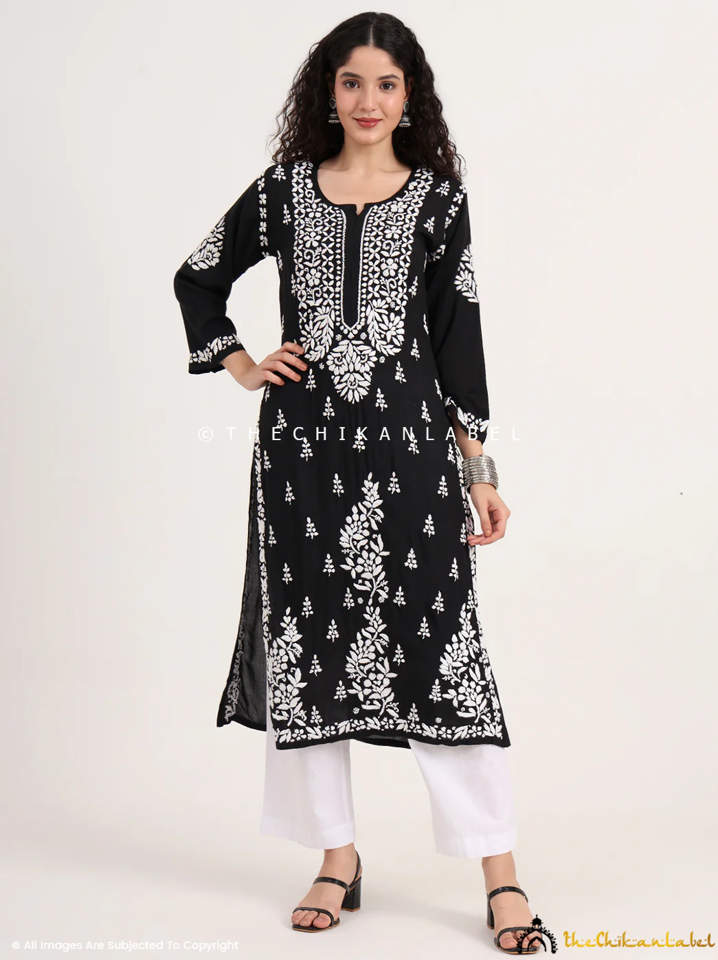 Manvi Rayon Chikankari Straight Kurti - Black