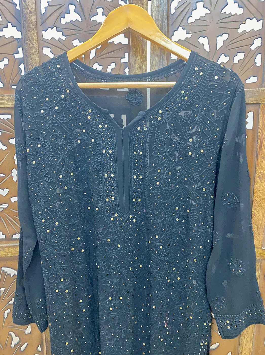Black Mukaish Viscose Chikankari Straight Kurti - Image 3
