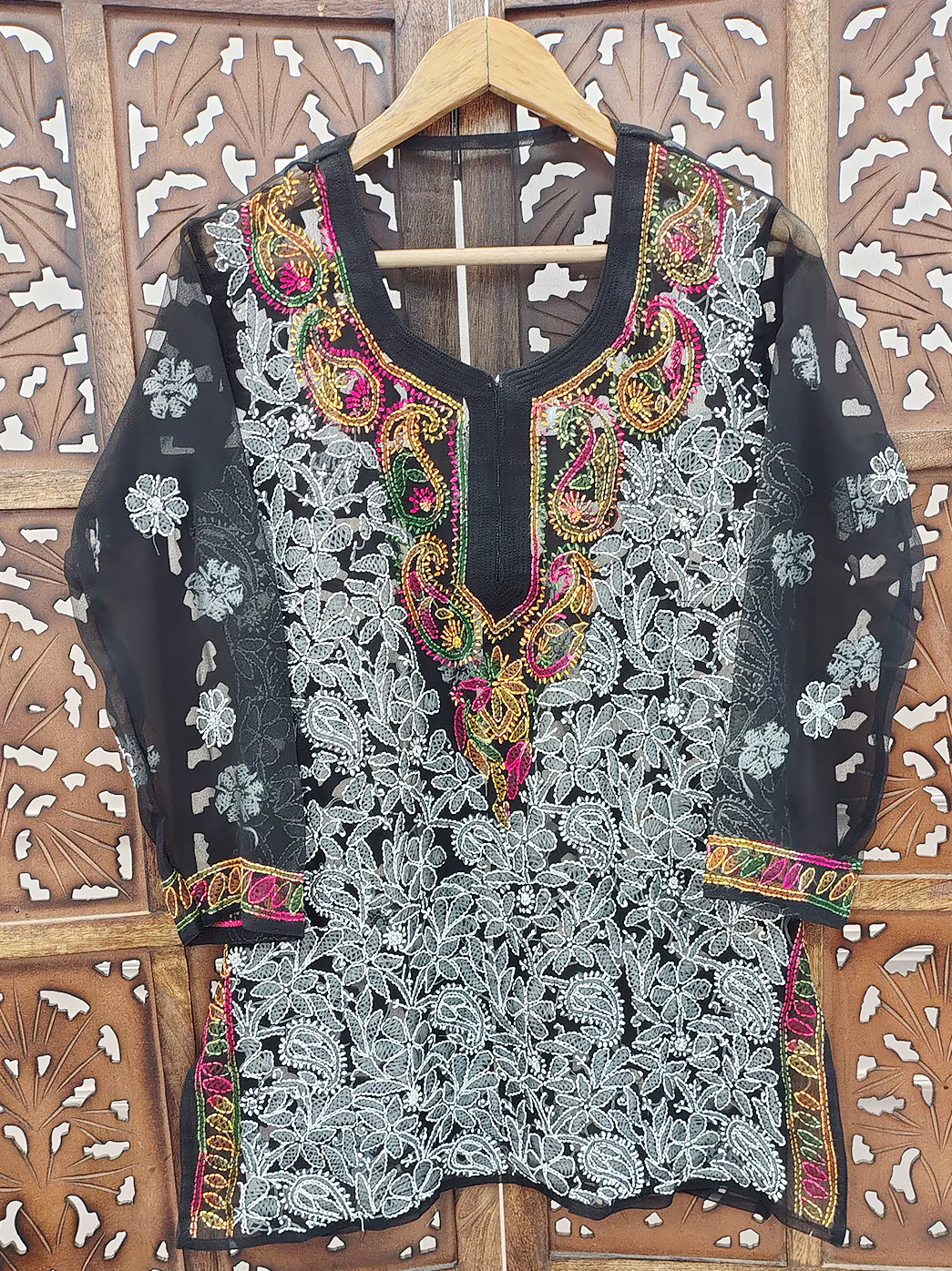 Black Multi Georgette Chikankari Short Jaal Kurti - Image 2