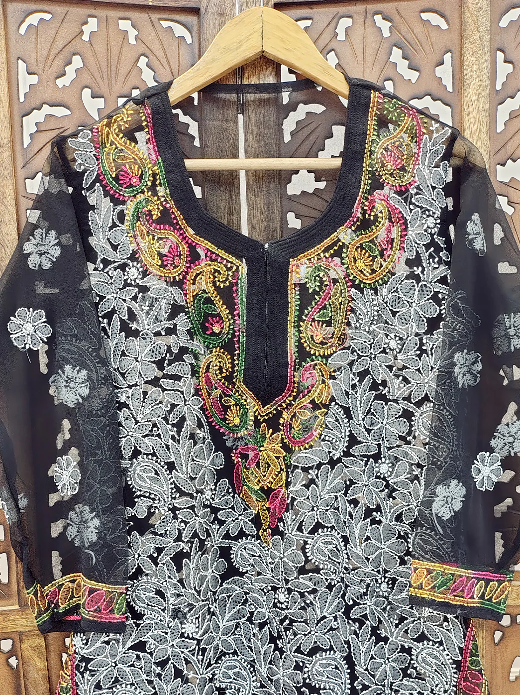 Black Multi Georgette Chikankari Short Jaal Kurti - Image 3