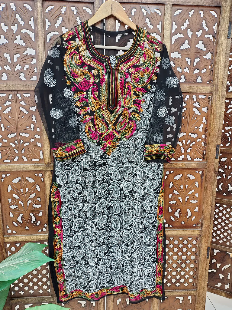 Black Multi Georgette Chikankari Straight Kurti - Image 2